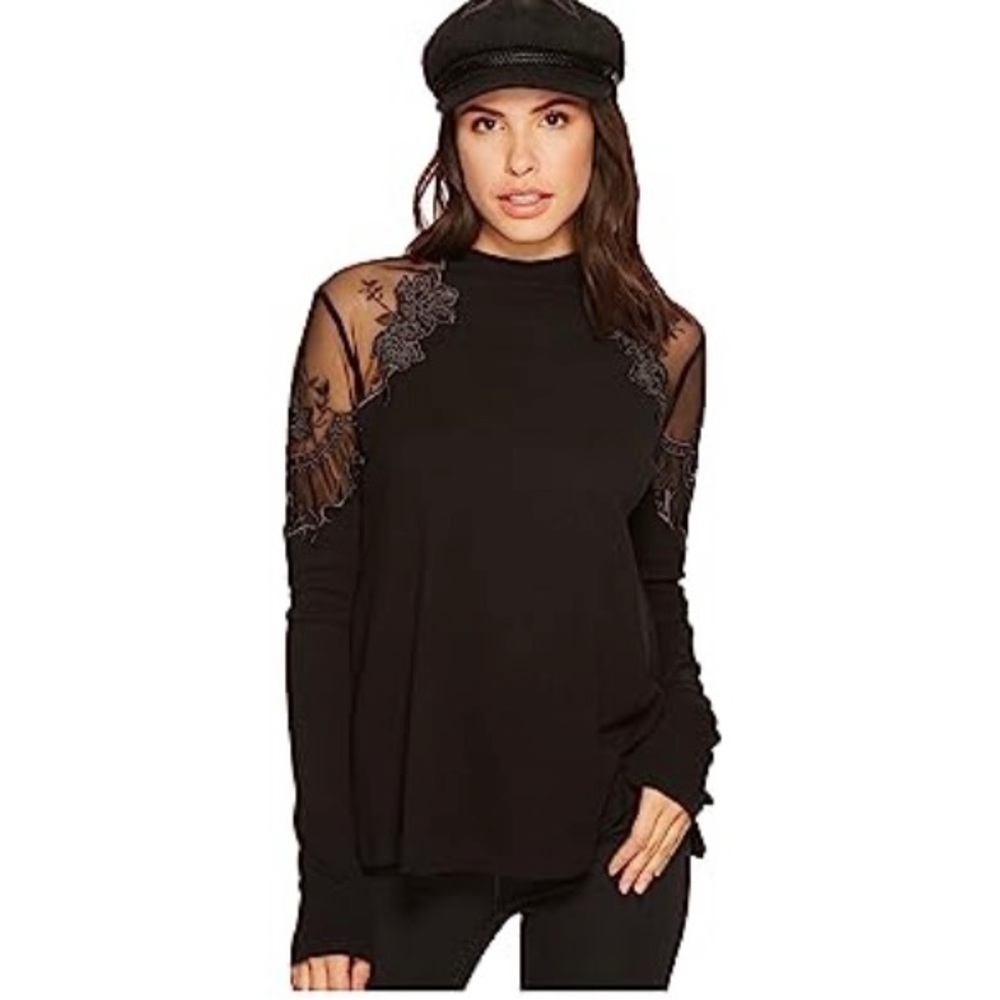 NEW WITH TAGS Free People Danielle Top Black Lace Shoulder Long Sleeve